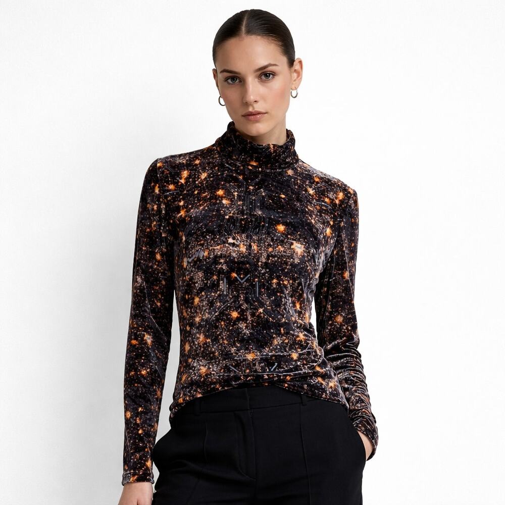 CAMILLA and MARC Women's Velvet Long Sleeve Top Mock Neck Cassini Print sz 8